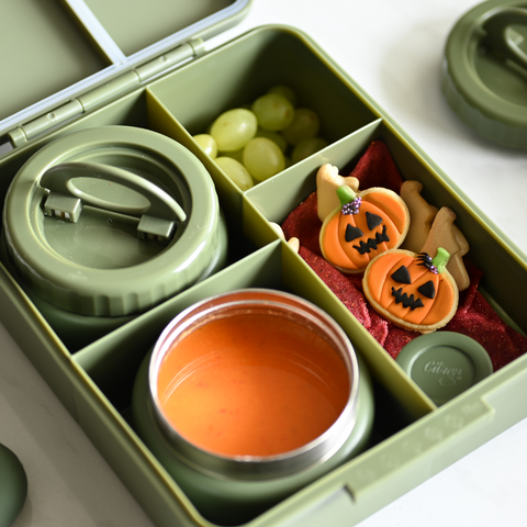 Set Citron Tigru: Caserolă Prânz Mare cu 4 Compartimente + Termos Inox, Sticlă Termos 500ml și Set Tacâmuri cu Etui Silicon