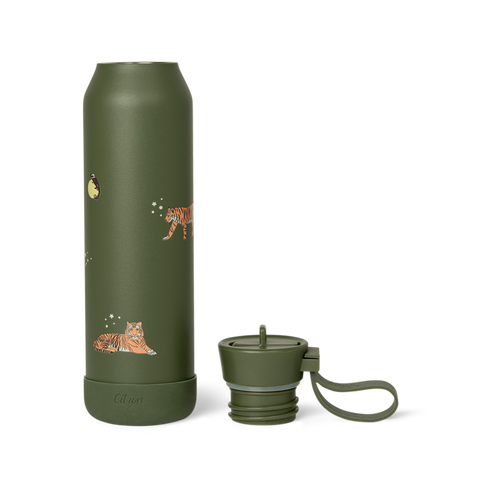 Set Citron Tigru: Caserolă Prânz Mare cu 4 Compartimente + Termos Inox, Sticlă Termos 500ml și Set Tacâmuri cu Etui Silicon