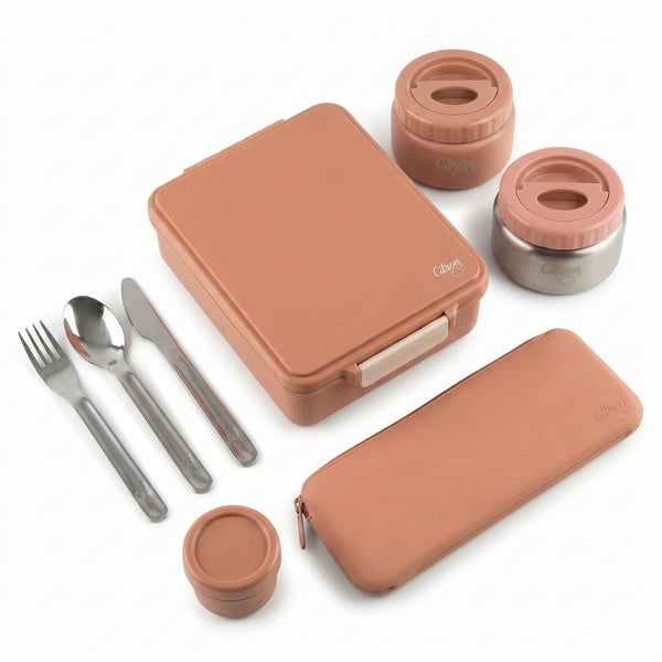 Set Trio Prânz ifamily: Caserolă Mare Citron, Borcan Termos 250ml și Set Tacâmuri – Ediție Roz cu 2 Recipiente Termice