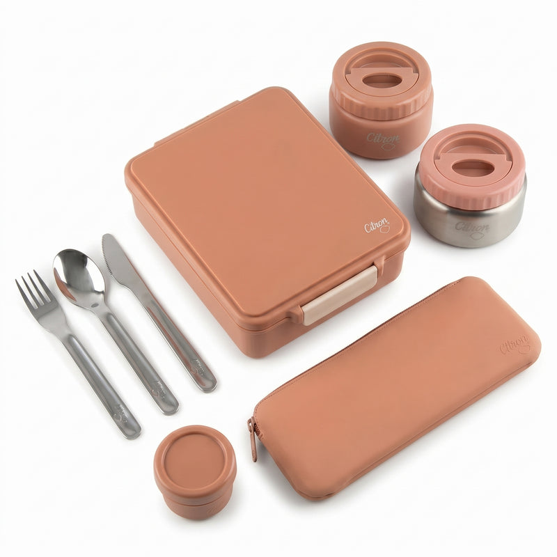 Set Trio Prânz ifamily: Caserolă Mare Citron, Borcan Termos 250ml și Set Tacâmuri – Ediție Roz cu 2 Recipiente Termice
