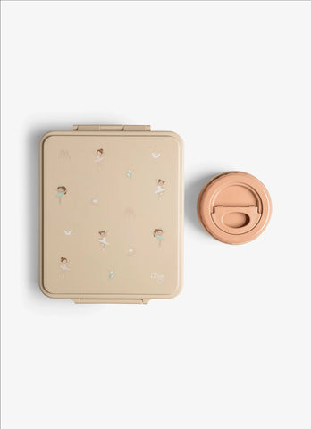 Set Citron Balerină: Caserolă Prânz Mare cu 4 Compartimente + Termos Inox, Sticlă Termos 500ml și Set Tacâmuri cu Etui Silicon