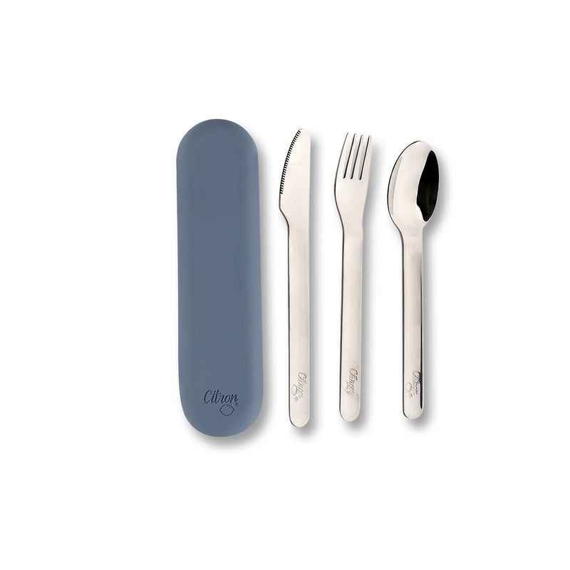 Set de Tacâmuri din Inox cu Husă din Silicon Albastru Inchis – Reutilizabile, pentru Adulți și Copii