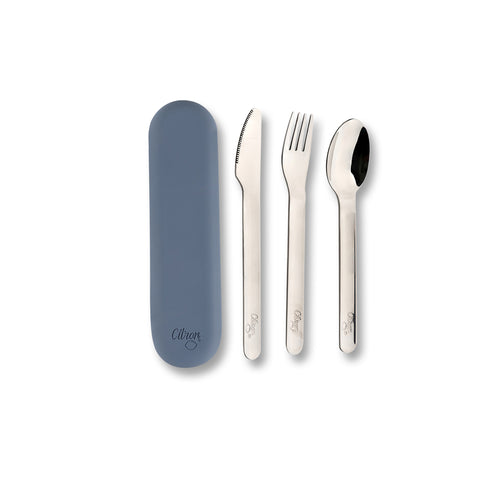 Set de Tacâmuri din Inox cu Husă din Silicon Albastru Inchis – Reutilizabile, pentru Adulți și Copii