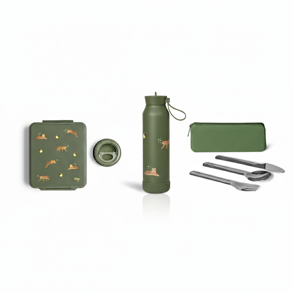 Set Citron Tigru: Caserolă Prânz Mare cu 4 Compartimente + Termos Inox, Sticlă Termos 500ml și Set Tacâmuri cu Etui Silicon