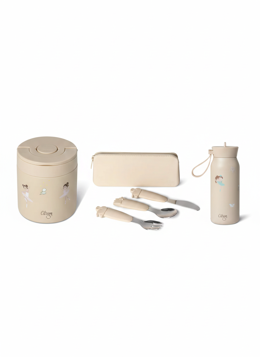 Set Citron Balerină Junior: Termos Mâncare 350ml, Sticlă Termos 250ml și Set Tacâmuri cu Etui Silicon