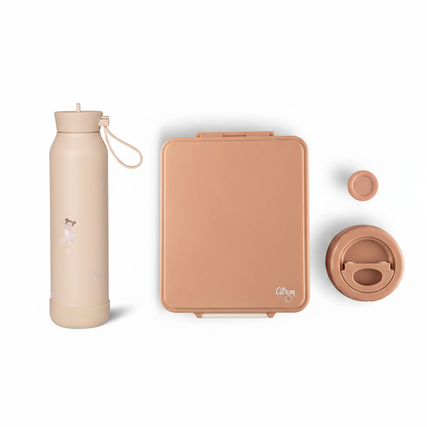 Set Citron Balerină Duo: Caserolă Prânz Mare cu 4 Compartimente + Termos Inox și Sticlă Termos 350ml