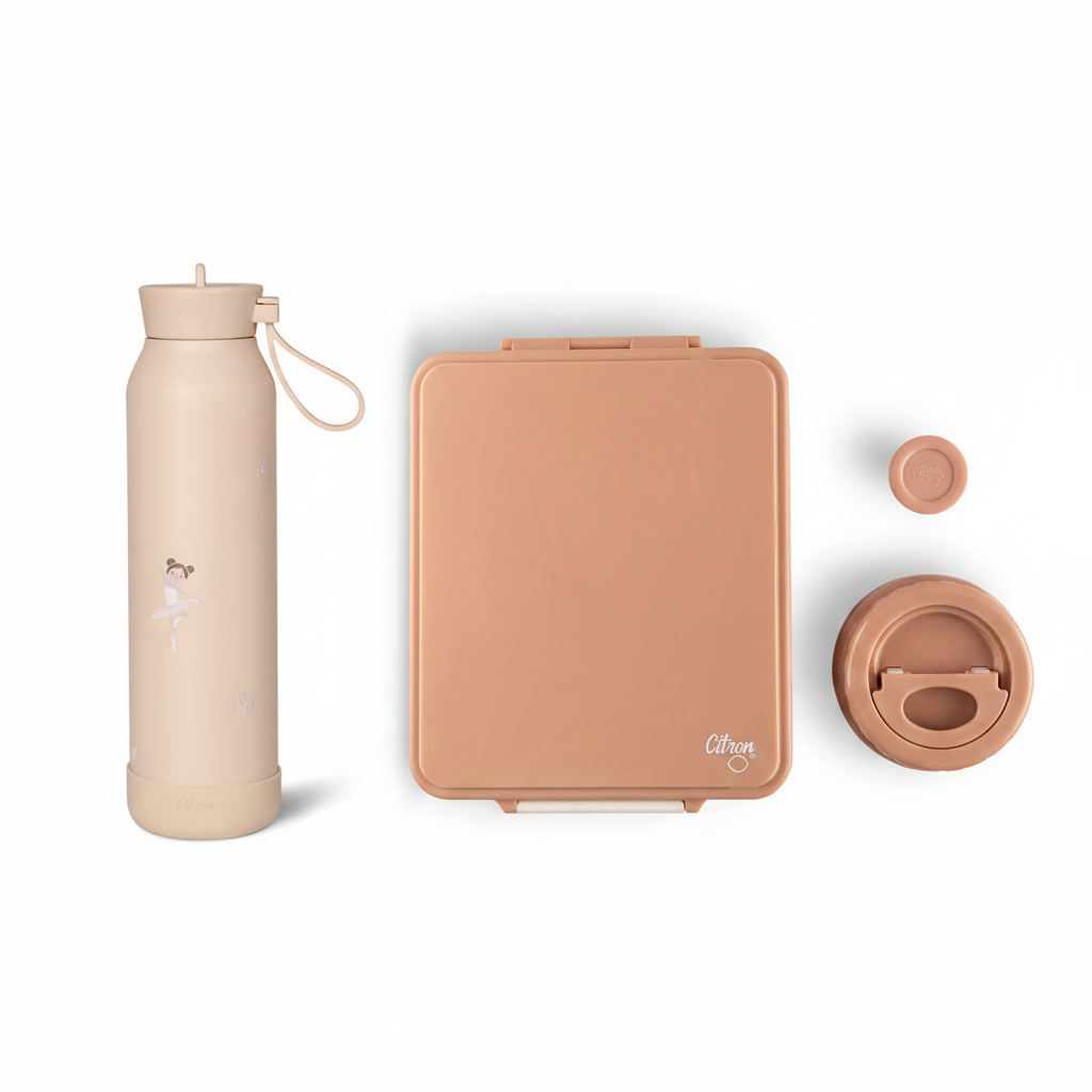 Set Citron Balerină Duo: Caserolă Prânz Mare cu 4 Compartimente + Termos Inox și Sticlă Termos 500ml