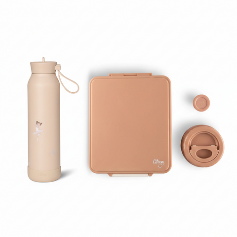 Set Citron Balerină Duo: Caserolă Prânz Mare cu 4 Compartimente + Termos Inox și Sticlă Termos 500ml