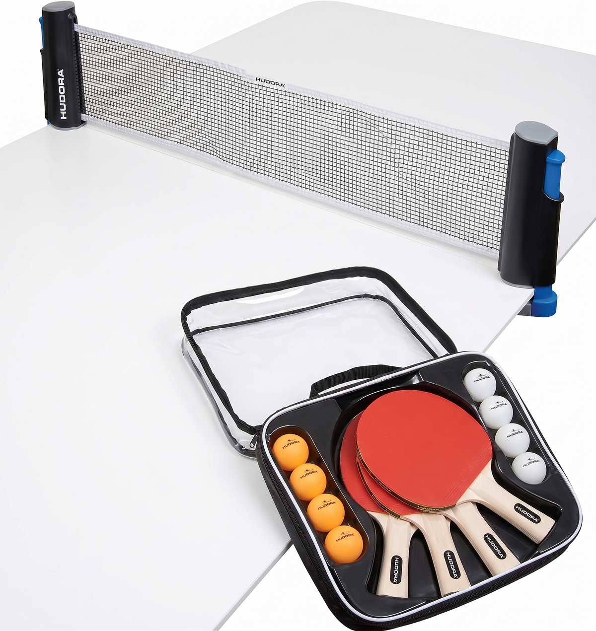 Set Tenis de Masă Portabil HUDORA Family – Fileu Extensibil (160 cm), 4 Palete și 8 Mingi