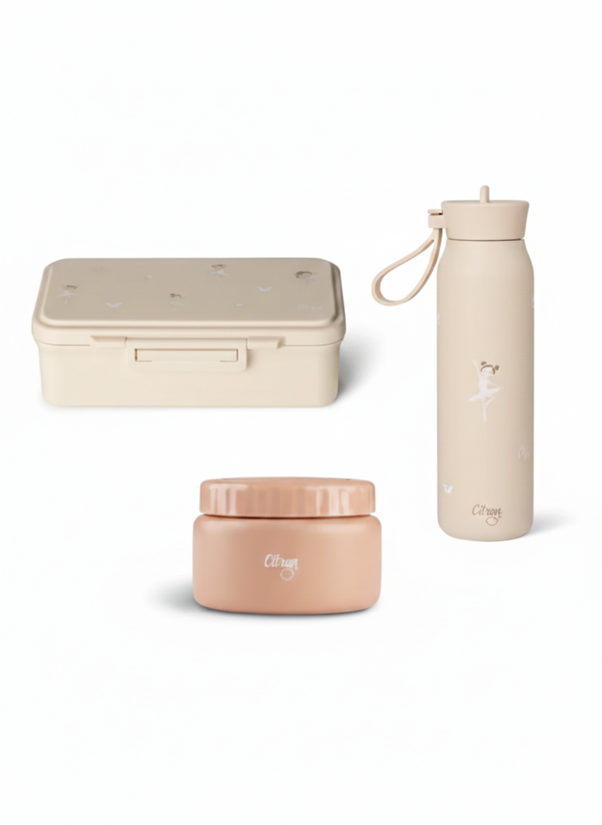 Set Citron Balerină Petit: Caserolă Prânz cu 2 Compartimente, Borcan Termoizolant 250ml și Sticlă Termos 350ml