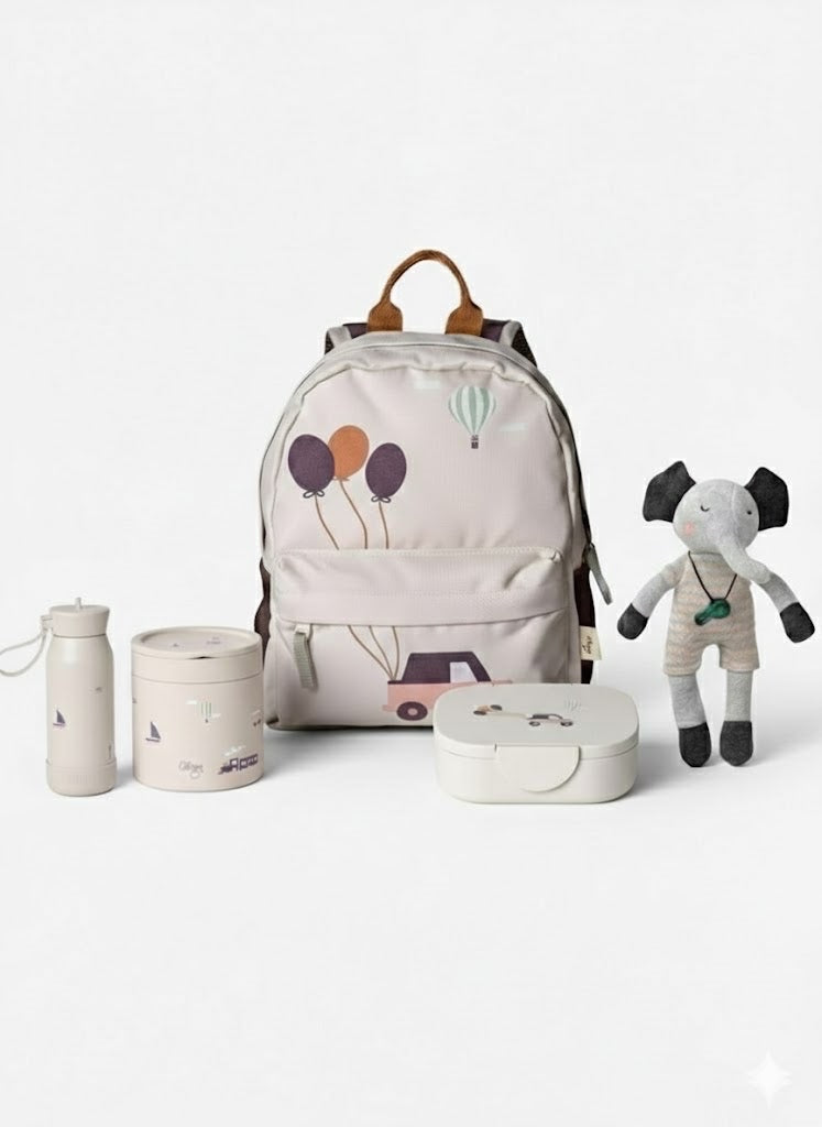 Set Citron Vehicule ghiozdan sticla apa termos mancare caserola bio si jucarie elefant Picca Loulou