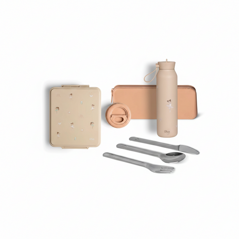 Set Citron Balerină: Caserolă Prânz Mare cu 4 Compartimente + Termos Inox, Sticlă Termos 500ml și Set Tacâmuri cu Etui Silicon