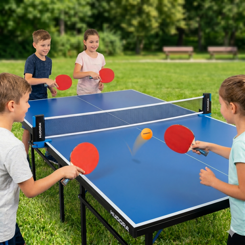 Set Tenis de Masă Portabil HUDORA Family – Fileu Extensibil (160 cm), 4 Palete și 8 Mingi