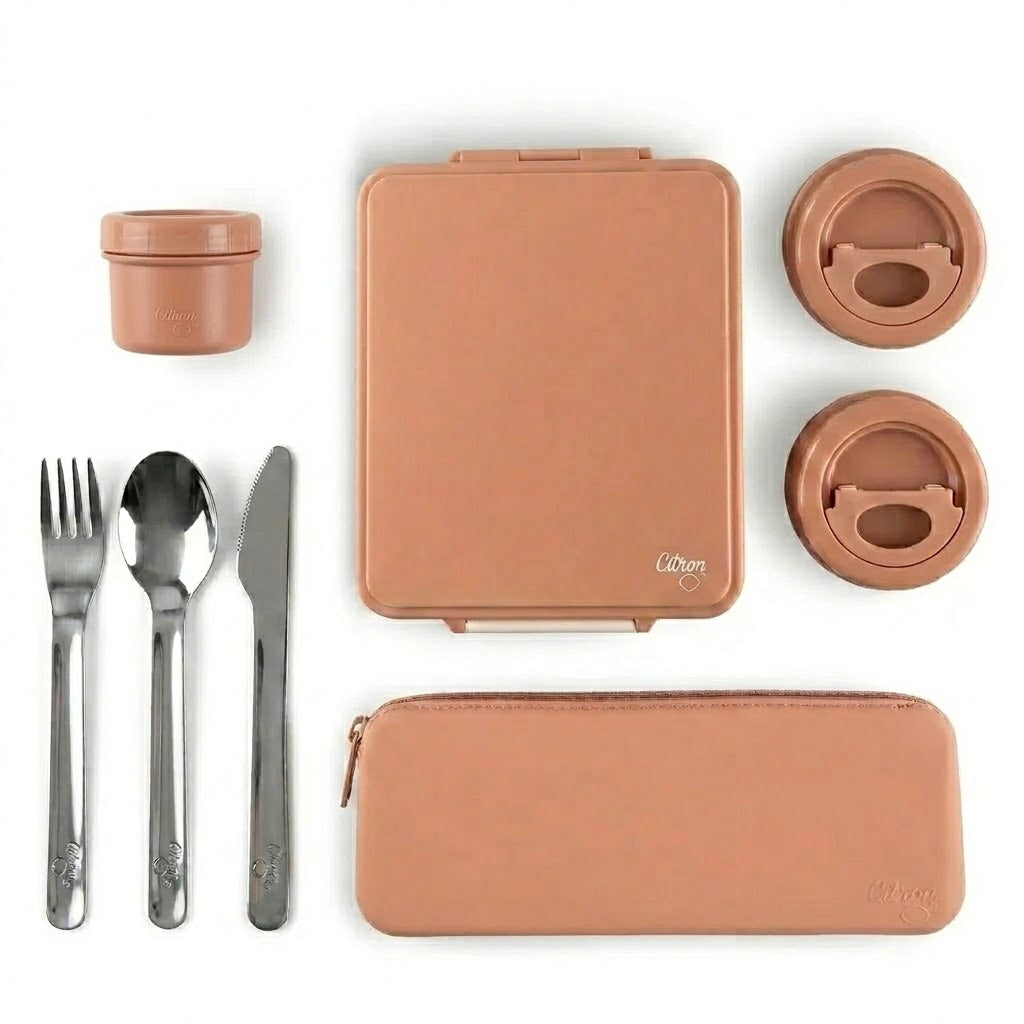 Set Trio Prânz ifamily: Caserolă Mare Citron, Borcan Termos 250ml și Set Tacâmuri – Ediție Roz cu 2 Recipiente Termice