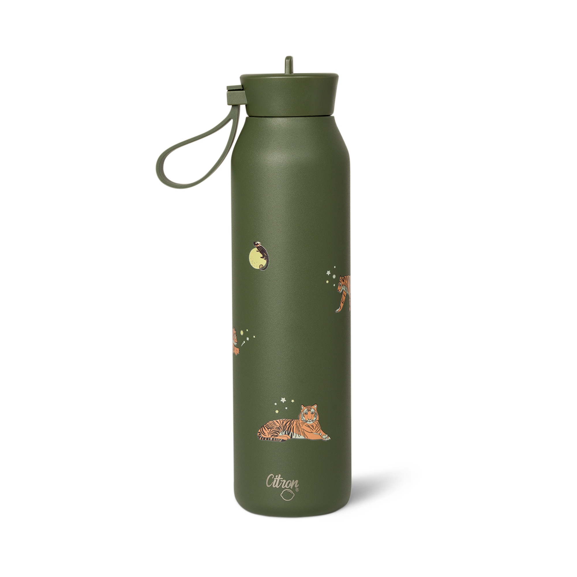 Sticlă termos Citron Tigru 500ml cu pereți triplu izolați, menține temperatura calda sau rece 24h, include perie de curățare și suport silicon anti-șoc.