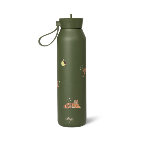 Sticlă termos Citron Tigru 500ml cu pereți triplu izolați, menține temperatura calda sau rece 24h, include perie de curățare și suport silicon anti-șoc.