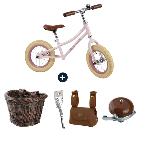 Bicicletă de echilibru retro roz cu cos, buzunar si claxon vintage