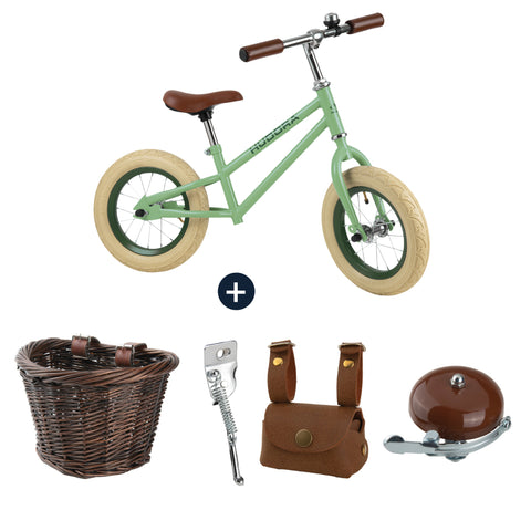 Bicicletă de echilibru retro verde cu cos, buzunar si claxon vintage