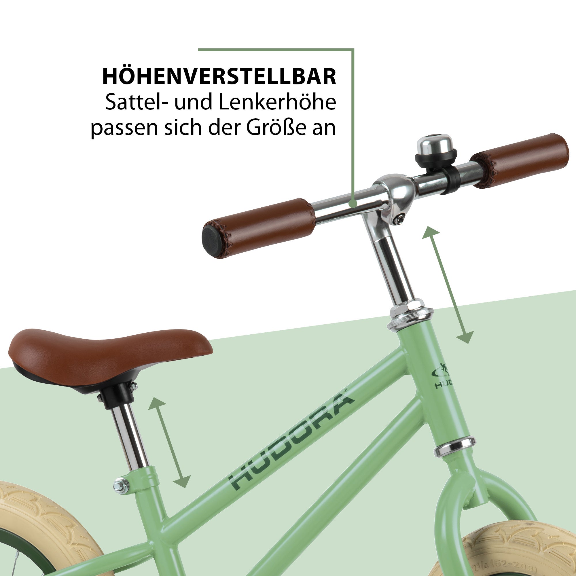 Bicicletă de echilibru retro verde cu cos, buzunar si claxon vintage