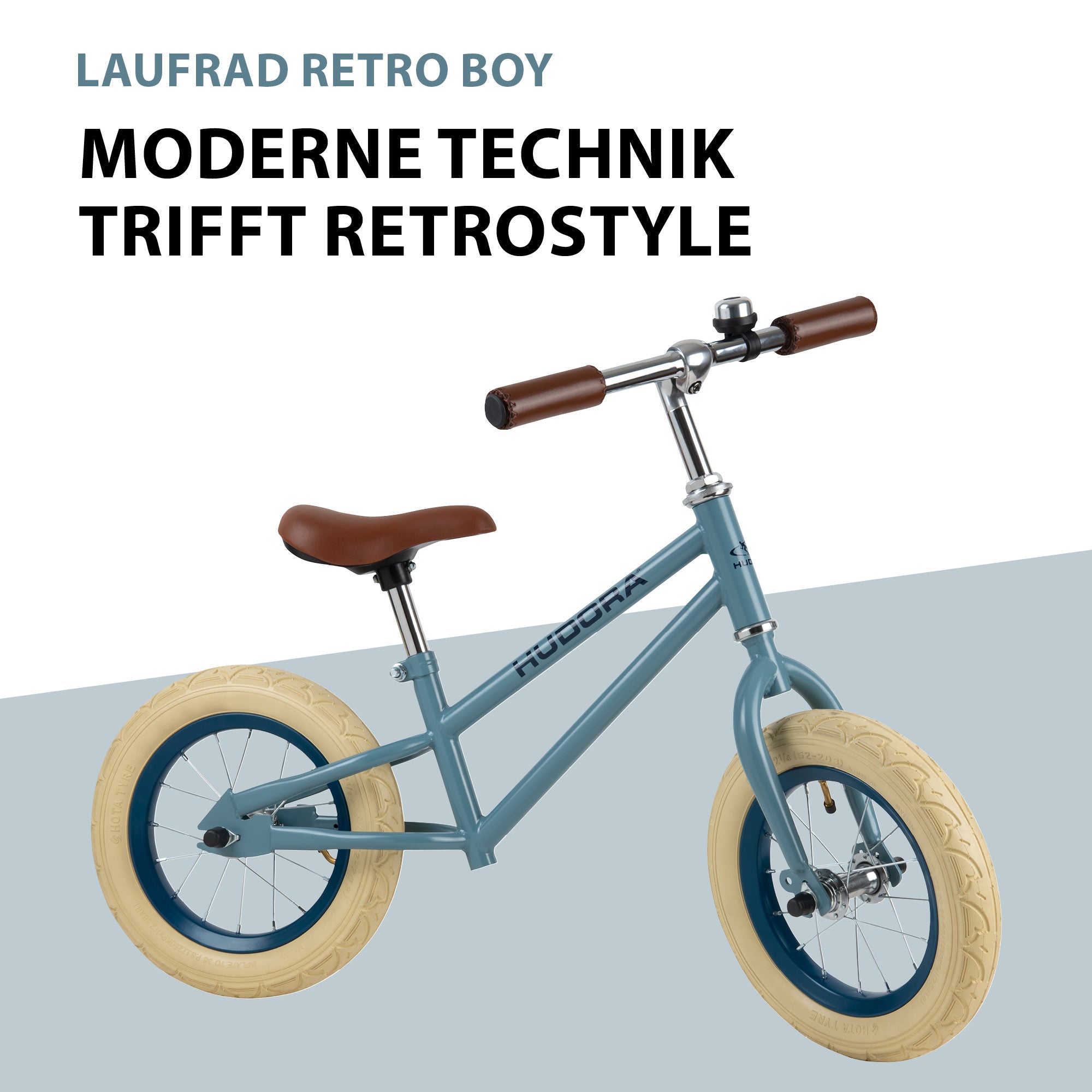 Bicicletă de echilibru retro albastră cu cos, buzunar si claxon vintage