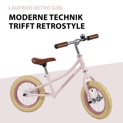 Bicicletă de echilibru retro roz cu cos, buzunar si claxon vintage